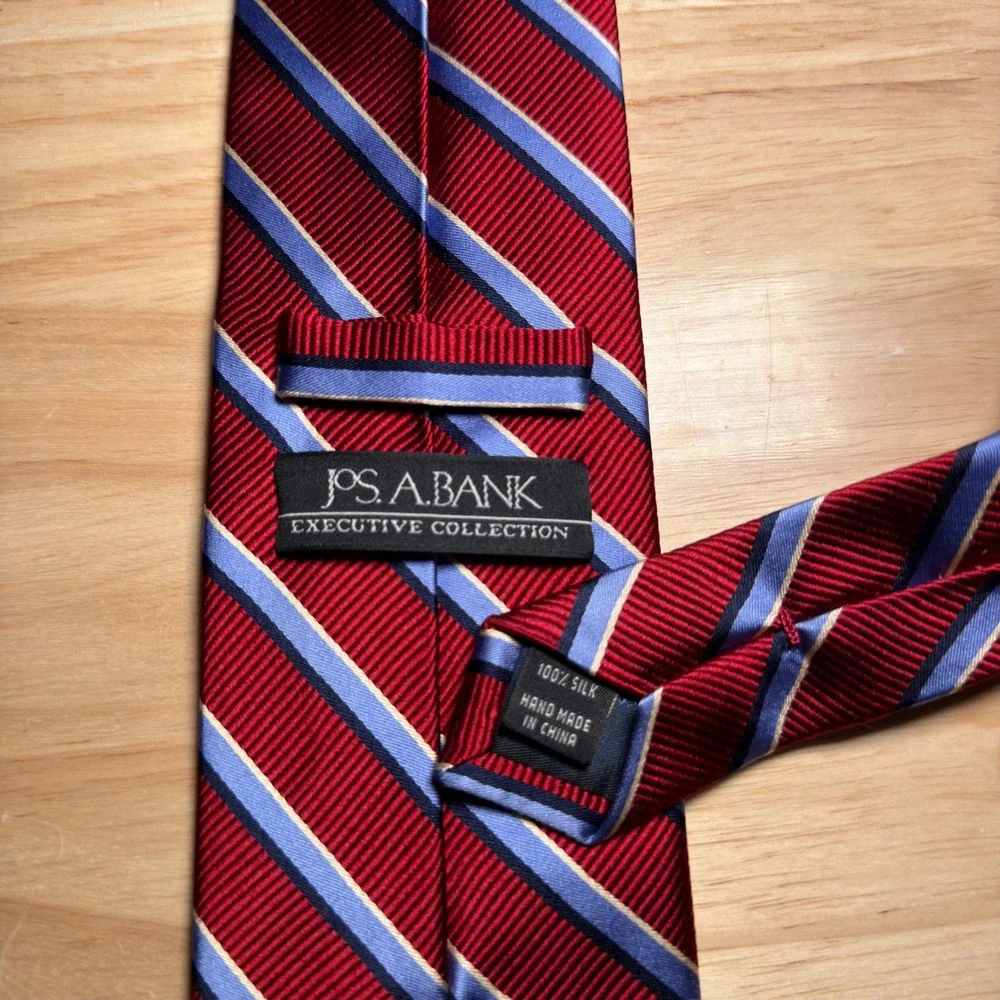 Jos A Bank Necktie Mens OS Red Blue Repp Striped Silk Executive Collection